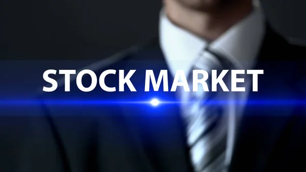 Stock Market Male Wearing Official Suit Standing Front Screen Exchange — Stock Photo, Image