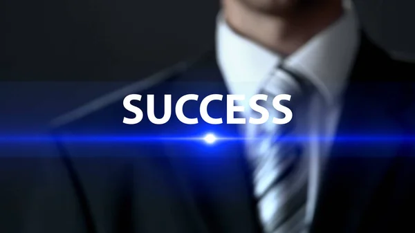 Success Man Suit Standing Front Screen Prominent Career Wealth — Stock Photo, Image