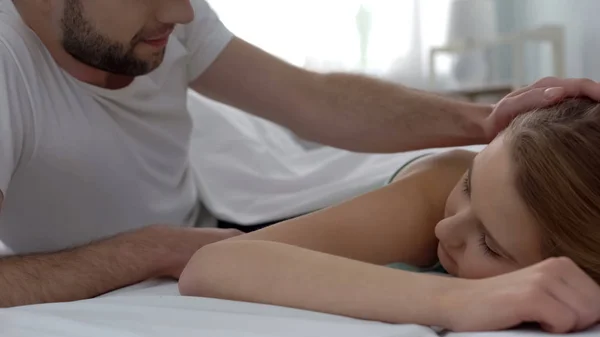 Handsome Young Husband Stroking Wife Hair Tenderness Morning Honeymoon — Stock Photo, Image