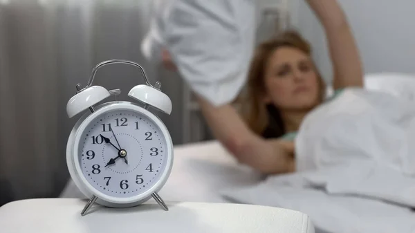 Annoyed Alarm Clock Lady Throwing Pillow Sleep Deprivation Morning Stress — Stock Photo, Image