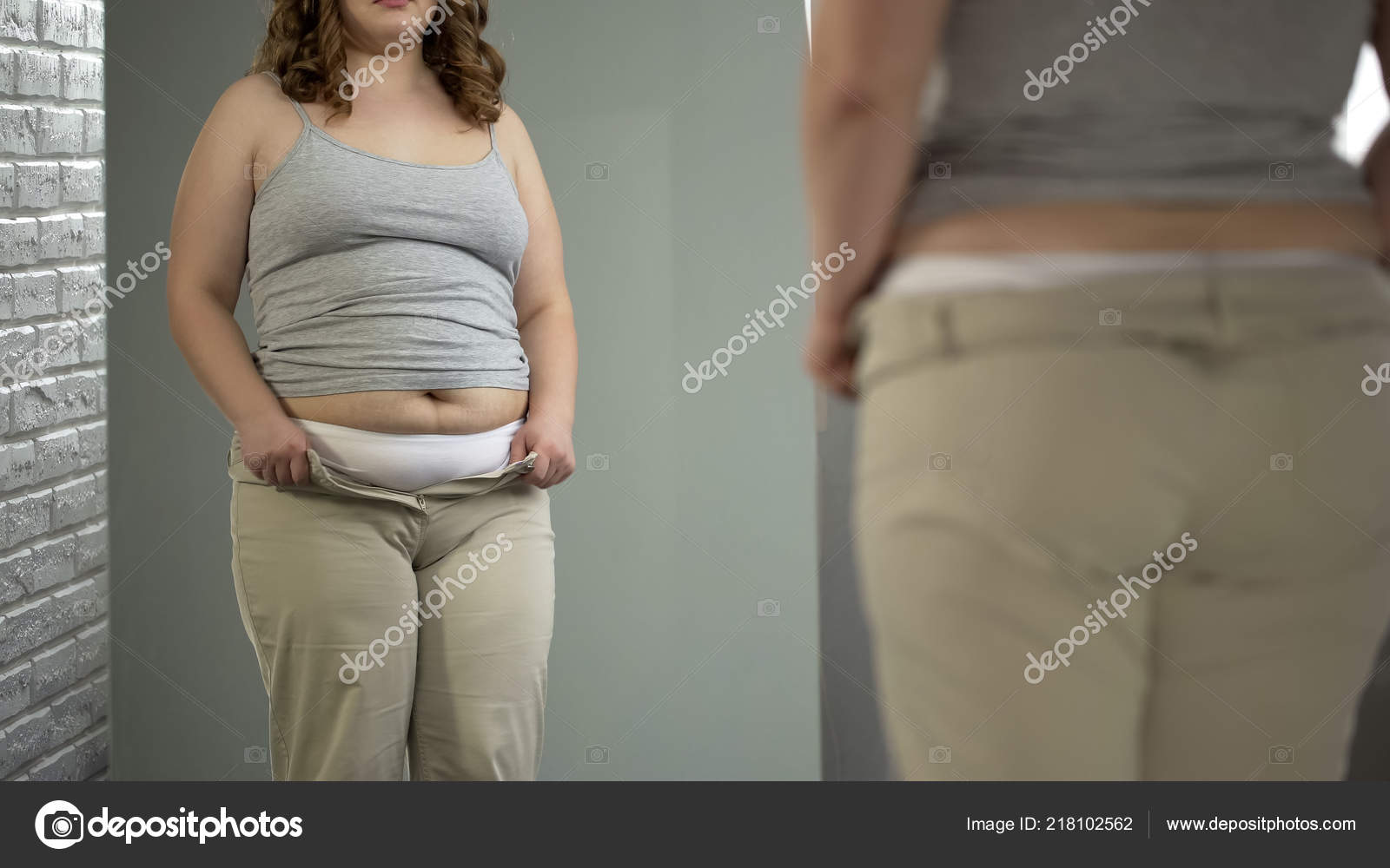 Curvy Lady Cannot Get Her Pants Overeating Result Problem Stock Photo by ©motortion 218102562