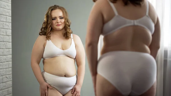 Female Despair Looking Mirror Reflection Ashamed Fat Body Insecurities — Stock Photo, Image