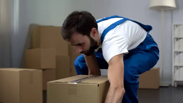 Worker Moving Company Carrying Cardboard Box Quality Relocation Services — Stock Photo, Image