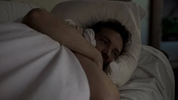 Depressed Man Lying Bed Unable Fall Asleep Noisy Neighbors Insomnia — Stock Photo, Image