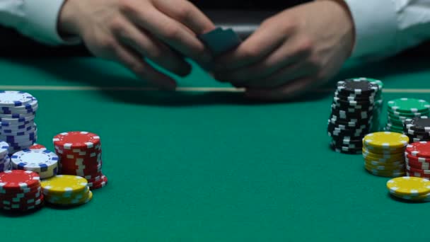 Player Hand Throwing Pair Aces Table Win Combination Poker Bet — Stock Video