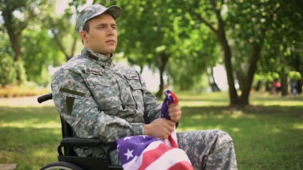 Disabled American Veteran Putting Flag Heart Remembering War Faith Pride — Stock Video