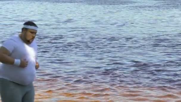 減量プログラム スポーツの川岸に沿って実行している小太りの男 — ストック動画
