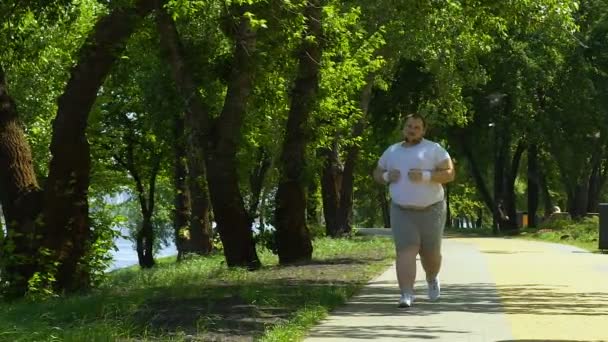 Plump Male Big Belly Running Park Motivation Healthy Lifestyle — Stock Video