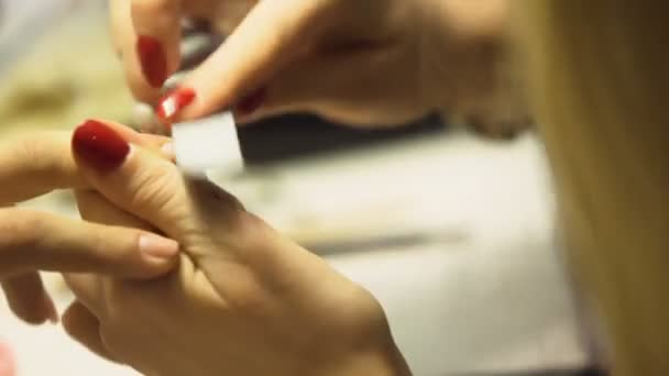 Esteticista Femenina Que Forma Las Uñas Del Cliente Con Lima — Vídeos de Stock