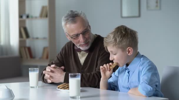 男孩吃饼干与牛奶 分享与祖父的新闻从幼儿园 — 图库视频影像