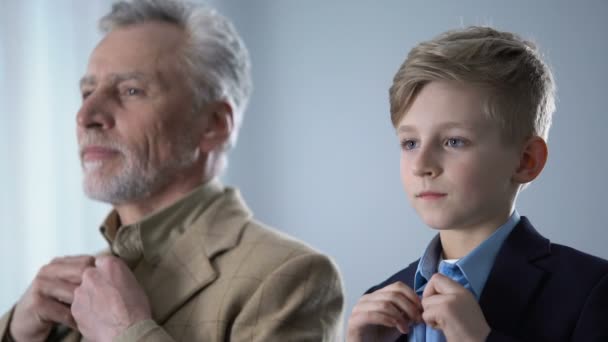自信を持っている孫と祖父 ボタン シャツ スタイリッシュな家族 少年時代 — ストック動画