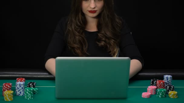 Woman Playing Game Laptop Showing Success Gesture Winning Bet Fortune — Stock Video