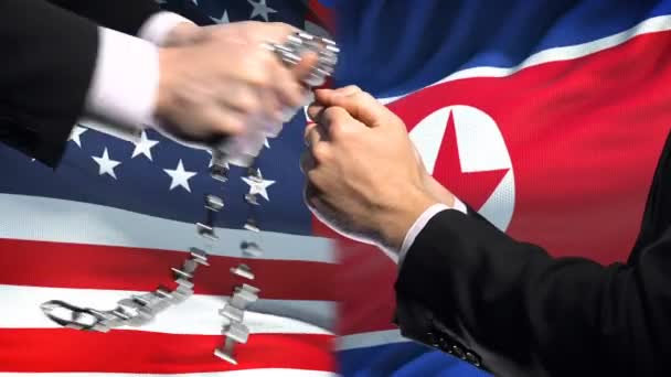 Sanções Dos Estados Unidos Coreia Norte Armas Acorrentadas Conflito Político — Vídeo de Stock