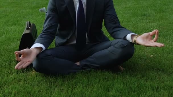 Office Worker Sits Lotus Pose Lawn Distracts Problems Meditation — Stock Video