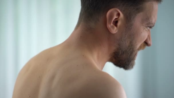 Man Feels Neck Pain Woke Morning Uncomfortable Matrass Closeup — Stock Video