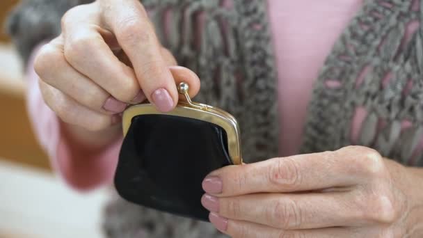 Mano Femenina Senior Poniendo Moneda Centavo Billetera Presupuesto Ahorro Dinero — Vídeo de stock