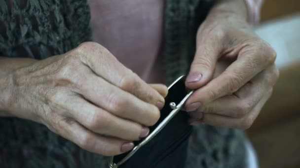 Arme Bejaarde Vrouw Eurobankbiljetten Aanbrengend Portemonnee Laag Pensioen Betaling — Stockvideo