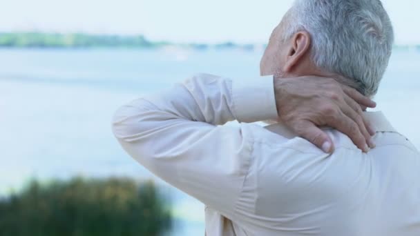 Mature Man Massaging Neck Shoulders Aging Health Problem Painful Injury — Stock Video