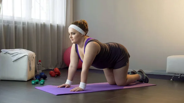 Velikosti Žena Dělá Fyzické Cvičení Posílení Snaží Zhubnout — Stock fotografie