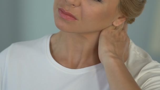 Female Suffering Neck Pain Turning Head Relieve Ache Whiplash Injury — Stock Video