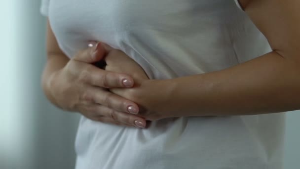 Woman Feels Pain Upper Abdomen Symptom Gastritis Indigestion Closeup — Stock Video