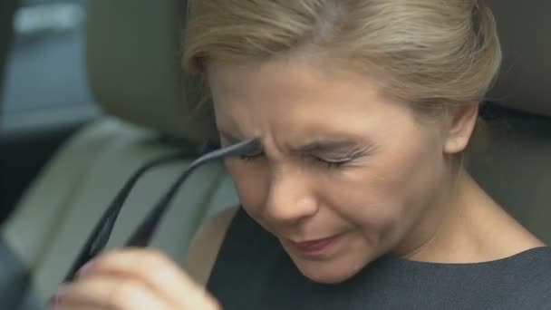 Woman Rubbing Nose Sitting Car Difficult Breath Allergy Symptoms Closeup — Stock Video