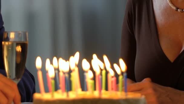 Seniorin Bläst Kerzen Auf Kuchen Aus Und Feiert Geburtstag Mit — Stockvideo