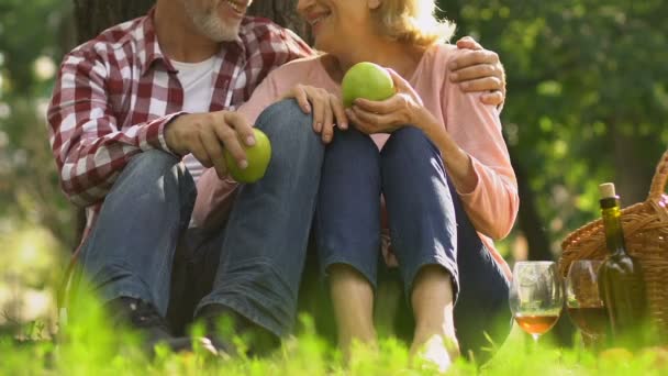 Couple Holding Apples Smiling Hugging Happy Old Age Healthy Nutrition — Stock Video