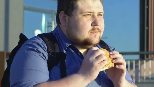 屋外で高カロリーのハンバーガー ファーストフードと肥満を食べる脂肪の男子生徒 — ストック動画