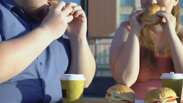 プラスのサイズのストリート カフェ 肥満の問題でカップル食べて高カロリーのハンバーガー — ストック動画