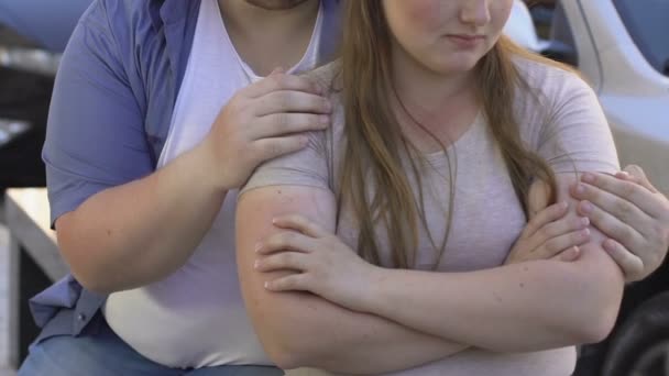 Plump Male Hugging Sad Girlfriend Quarrel Relations Family Problems — Stock Video