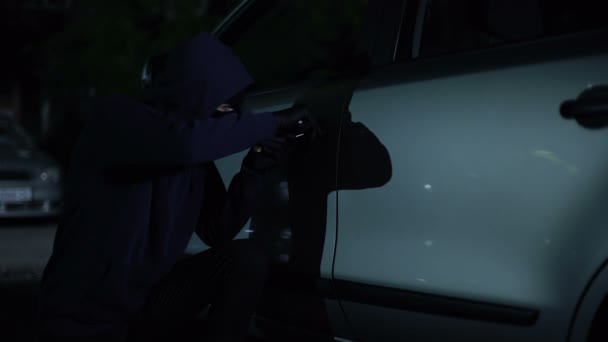 Burglar Unlocking Car Sitting Criminal Activity Night Safety — Stock Video
