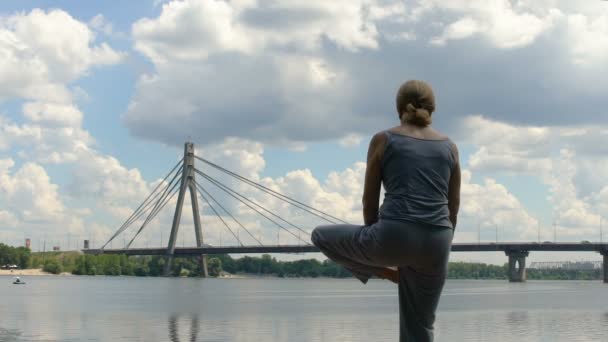 苗条的女人做体式 瑜伽姿势 享受孤独和自由在大城市 — 图库视频影像