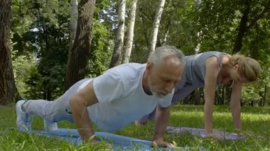 Etkin üst düzey insanlar şınav ve yoga asanas Park, ağır çekim yapıyor