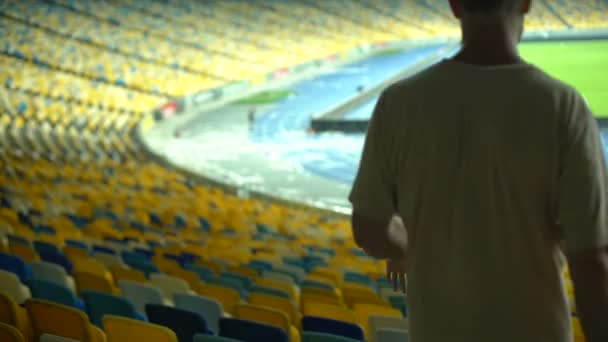 Friends Taking Seats Stadium Come Football Match Advance Sports — Stock Video