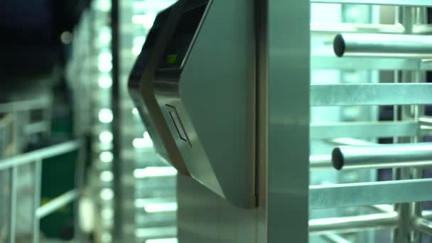 Man Passing Electronic Turnstile Access Control Business Center Closeup — Stock Video