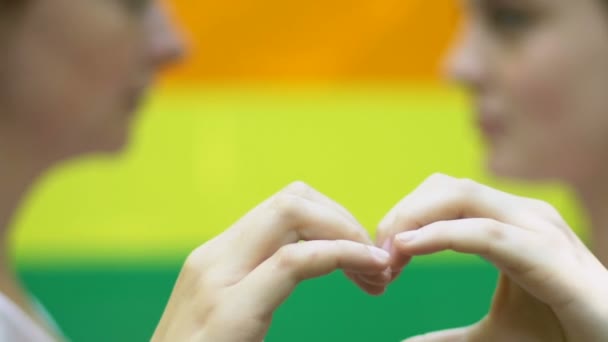 Baiser Passionné Deux Belles Lesbiennes Sur Fond Drapeau Arc Ciel — Video