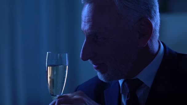 Gray Haired Man Celebrating Anniversary Drinking Champagne Romantic Date — Stock Video