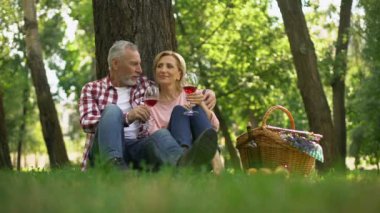 Üst düzey çift oturma çim ve içme şarap, yıldönümü romantik tarih