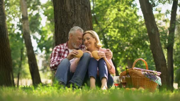 陽気な古いカップルは芝生の上で休んでいると ハンバーガーを食べる公園でデート — ストック動画