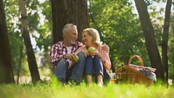 Joyful Healthy Old Couple Relaxing Grass Holding Apples Hugging Picnic — Stock Video