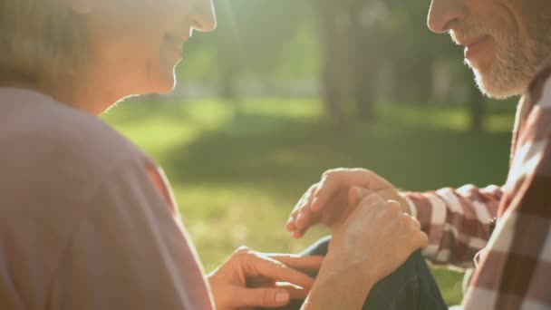 男性退休老人温柔地抱着女性的手在浪漫的约会在公园 特写镜头 — 图库视频影像