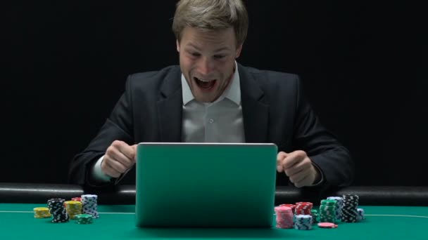 Excited Man Sincerely Rejoicing Winning Big Sum Money Online Casino — Stock Video