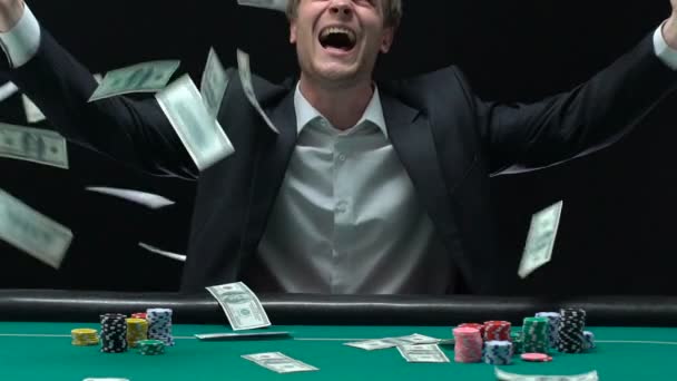 Dollars Falling Sky Lucky Man Satisfied Big Win Online Gambling — Stock Video