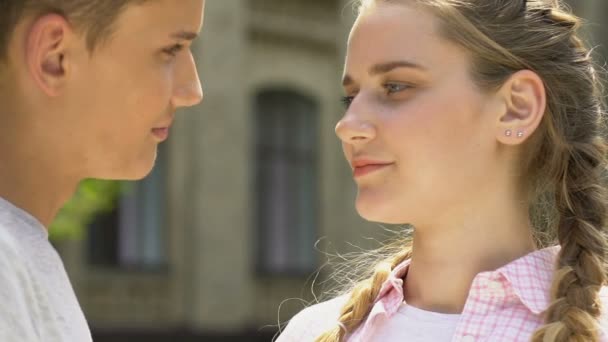 Teenage Boy Puts Flower Girlfriend Hair Romantic First Love Tender — Stock Video