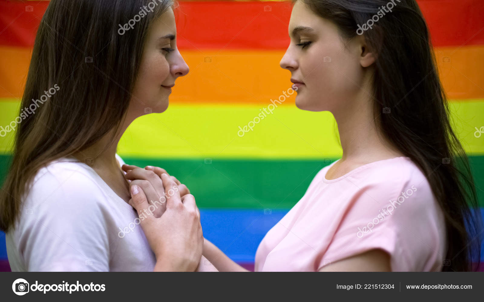 Cute Lesbian Couple Rainbow Flag Background Same Sex Relations Lgbt Stock Photo by ©motortion 221512304