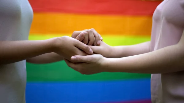 Lesbians Holding Hands Rainbow Flag Background Lgbt Rights Togetherness — Stock Photo, Image