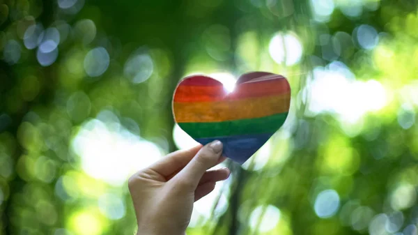 Corazón Del Arco Iris Mano Mujer Bandera Lgbt Reconocimiento Del —  Fotos de Stock