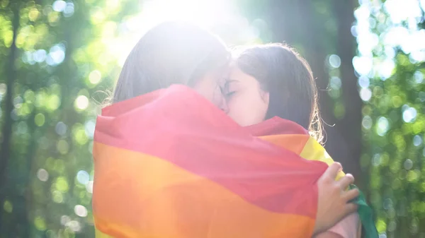 Lesbian Lovers Wrapped Rainbow Flag Kissing Tenderness Love Lgbt Rights — Stock Photo, Image