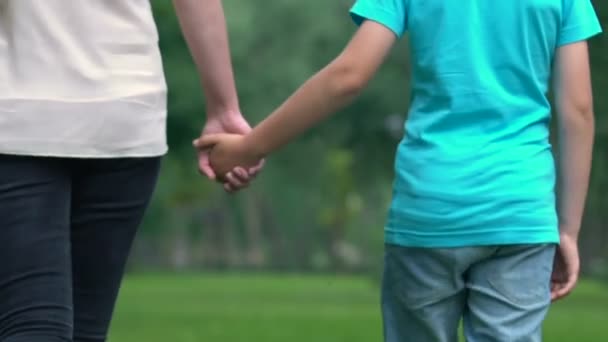 Adopted Child Foster Mother Holding Hands Going Together Bright Future — Stock Video